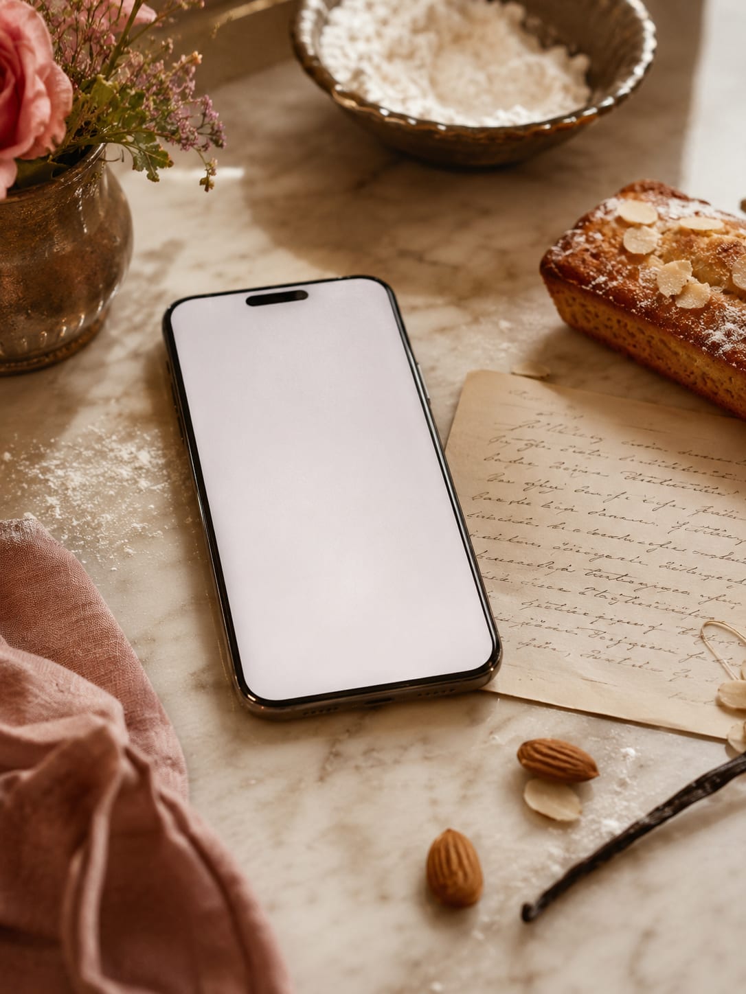 手書きのレシピとスマートフォン、焼き菓子が並ぶ製菓の作業台